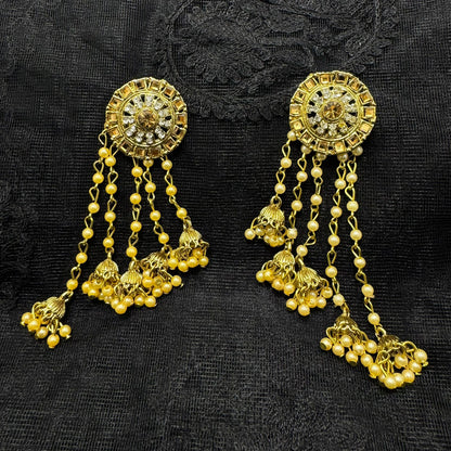 Dual-Tone Gold & Oxidized Chandbali Jhumka Earrings | Champaigne  Kundan & Metallic Bead Drop Finish | Traditional Indian Statement