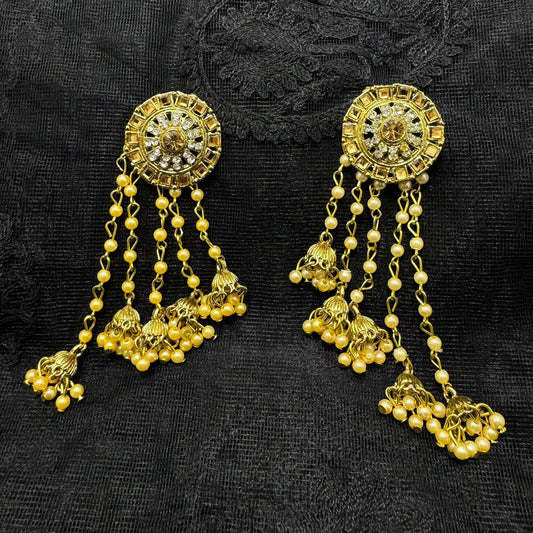 Dual-Tone Gold & Oxidized Chandbali Jhumka Earrings | Champaigne  Kundan & Metallic Bead Drop Finish | Traditional Indian Statement