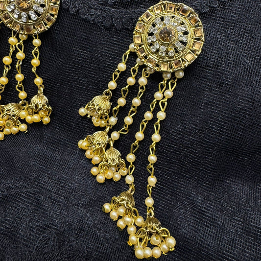 Dual-Tone Gold & Oxidized Chandbali Jhumka Earrings | Champaigne  Kundan & Metallic Bead Drop Finish | Traditional Indian Statement