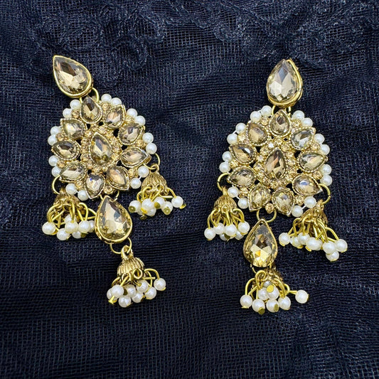 Gold Plated Champagne Teardrop Stone & Pearl Cluster Chandelier Earrings | Lightweight Statement Jhumki Dangler | Festive Traditional Bahubali Earings