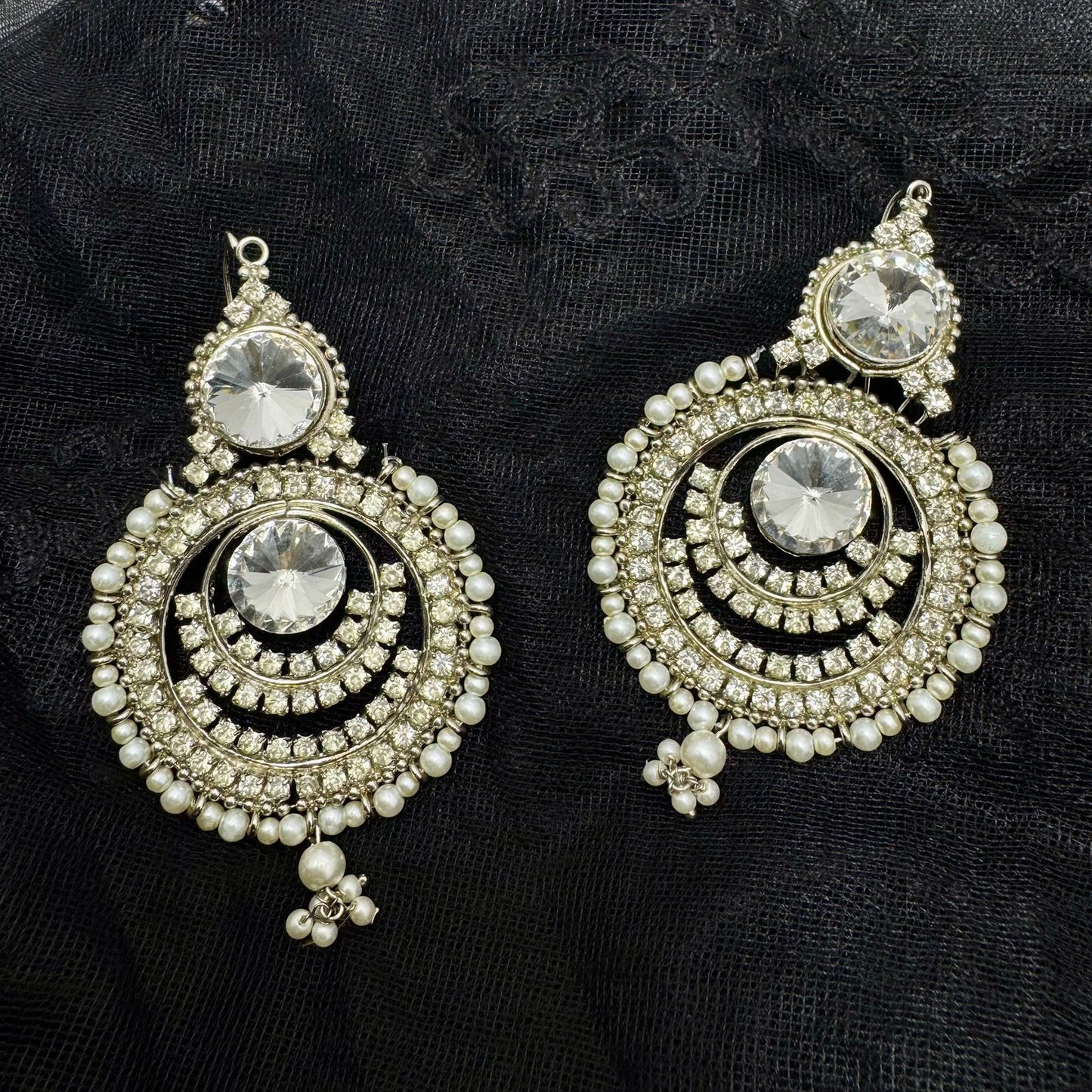 Elegant Silver-Plated Kundan & Pearl Chandbali Drop Earrings | Statement Wedding & Festive Wear
