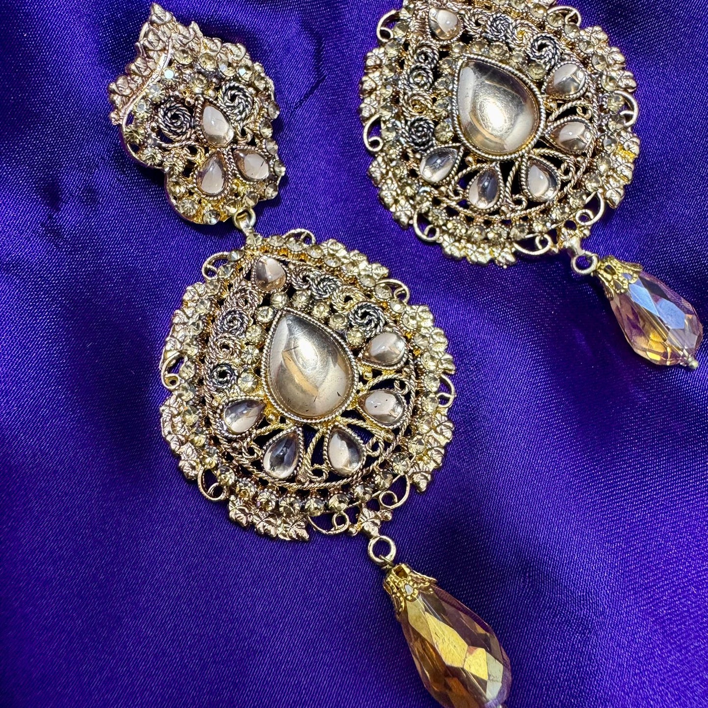 Premium Gold-Toned Kundan and Stone Dangle Earrings - Traditional/Ethnic Style with Champagne Drop - Antique Finish