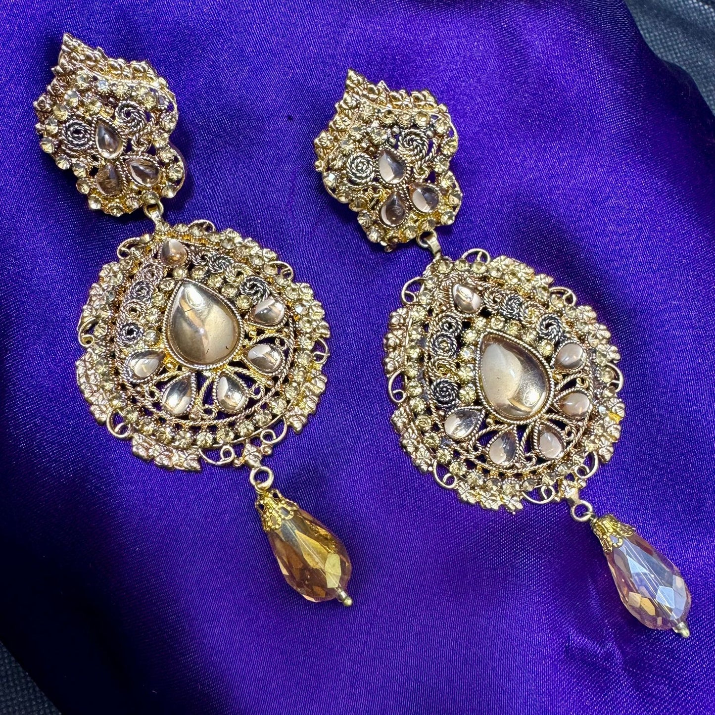 Premium Gold-Toned Kundan and Stone Dangle Earrings - Traditional/Ethnic Style with Champagne Drop - Antique Finish