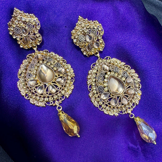 Premium Gold-Toned Kundan and Stone Dangle Earrings - Traditional/Ethnic Style with Champagne Drop - Antique Finish