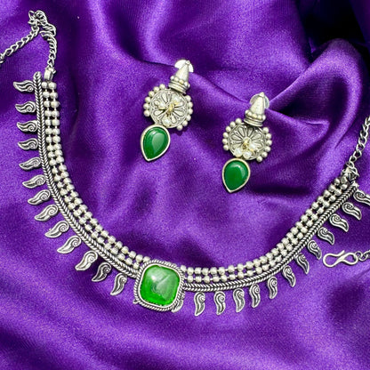 Oxidized Silver-Toned Choker Necklace and Stud Earring Set - Ethnic Style with Emerald Green Stone - Adjustable Length, Traditional Finish