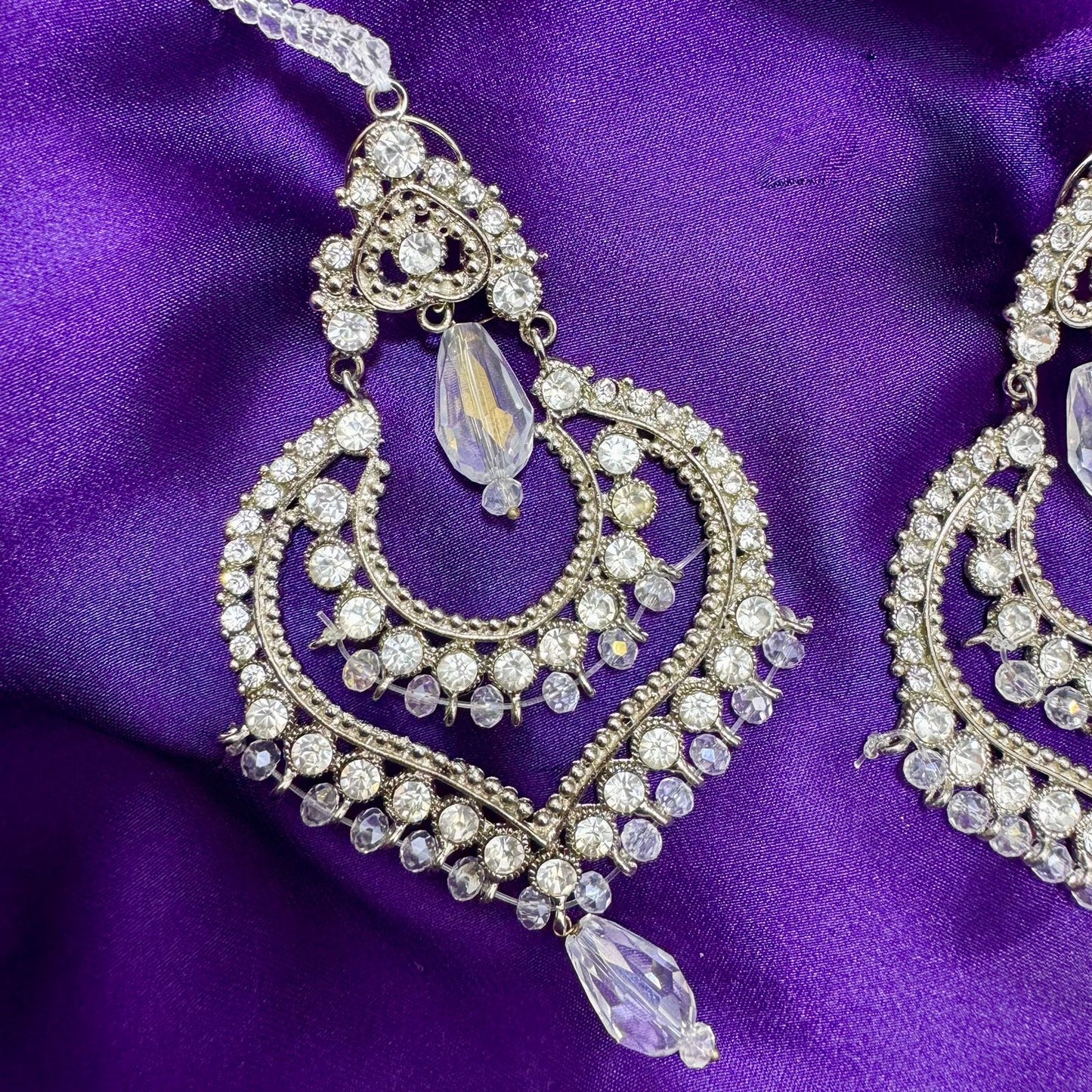 Silver-Toned Diamante/Kundan Style Chandbali Earrings Festive Dangle - Clear Crystal Stones & Teardrops - Rhodium Finish, Large Statement Size