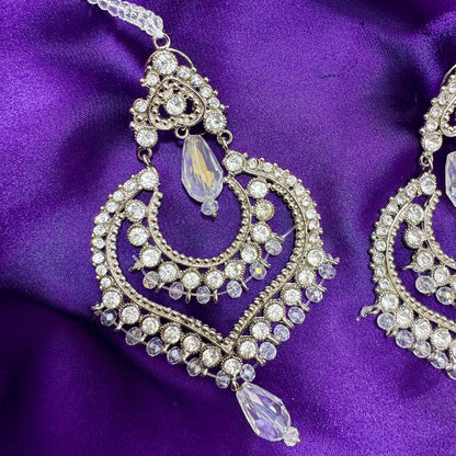 Silver-Toned Diamante/Kundan Style Chandbali Earrings Festive Dangle - Clear Crystal Stones & Teardrops - Rhodium Finish, Large Statement Size