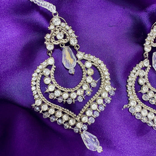 Silver-Toned Diamante/Kundan Style Chandbali Earrings Festive Dangle - Clear Crystal Stones & Teardrops - Rhodium Finish, Large Statement Size
