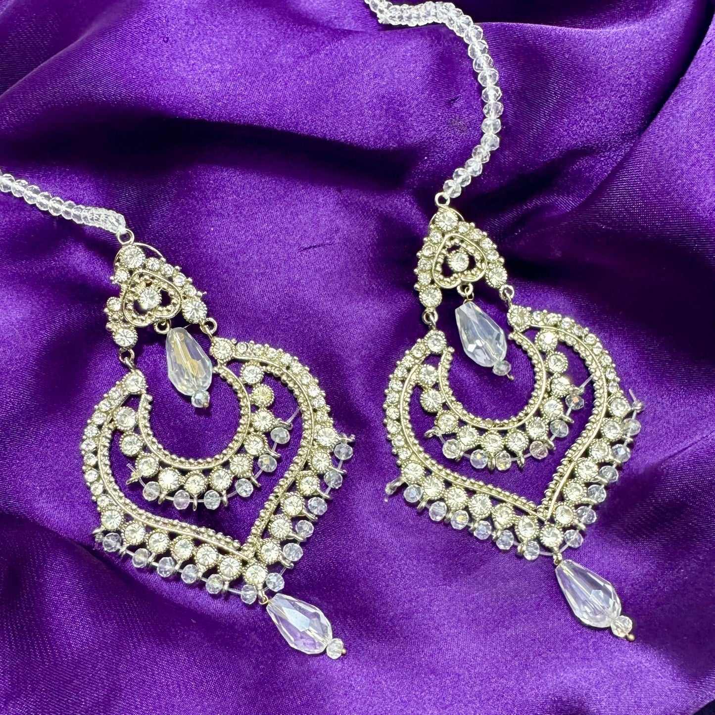 Silver-Toned Diamante/Kundan Style Chandbali Earrings Festive Dangle - Clear Crystal Stones & Teardrops - Rhodium Finish, Large Statement Size
