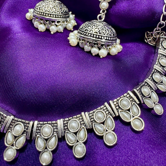 Oxidized Silver-Toned Choker Necklace and Jhumka Earring Set - Traditional/Tribal Style with Faux Pearls - Antique Finish, Adjustable