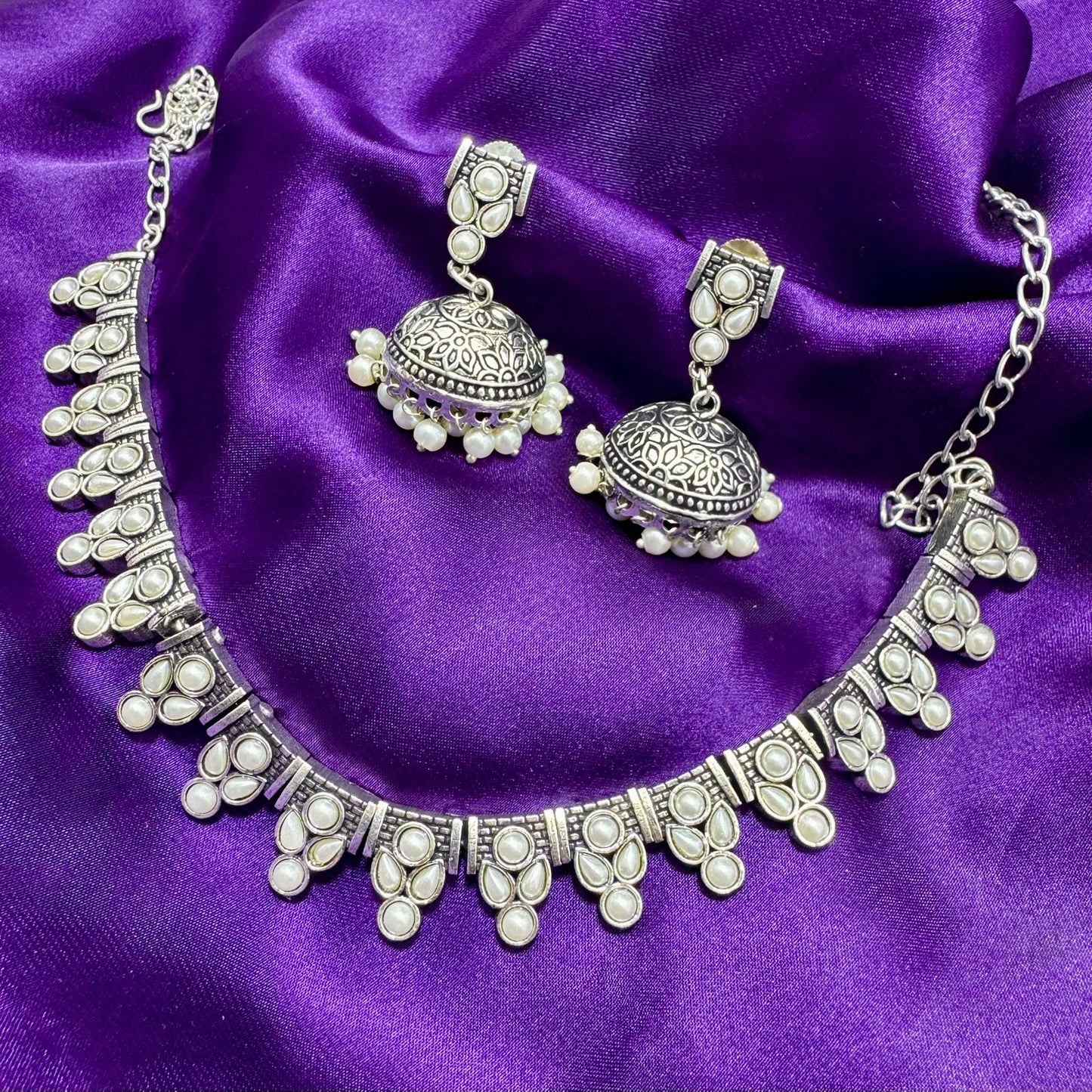 Oxidized Silver-Toned Choker Necklace and Jhumka Earring Set - Traditional/Tribal Style with Faux Pearls - Antique Finish, Adjustable