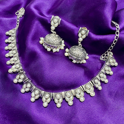 Oxidized Silver-Toned Choker Necklace and Jhumka Earring Set - Traditional/Tribal Style with Faux Pearls - Antique Finish, Adjustable