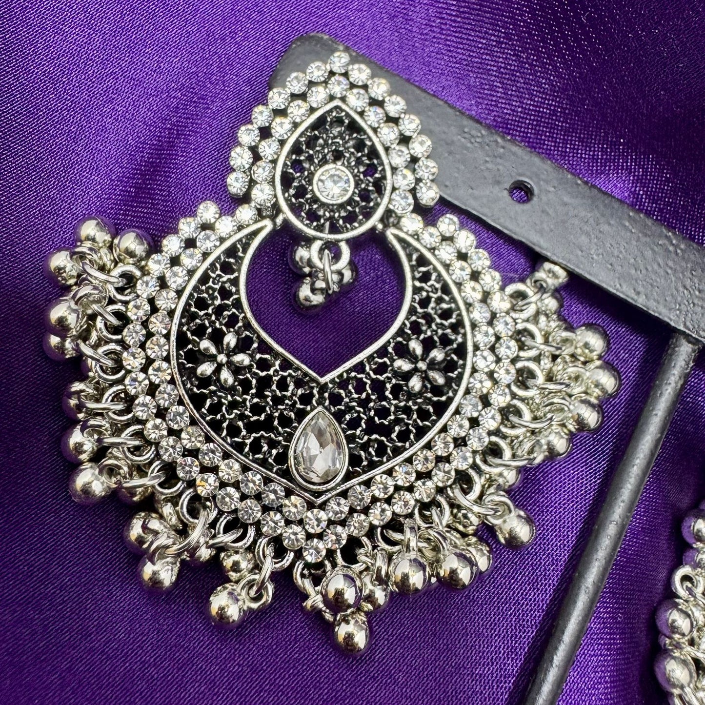 Dual-Tone Silver Chandbali Earrings - Statement Dangle with Black Enamel & White Diamante Stones - Oxidized/Antique Finish,