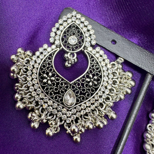 Dual-Tone Silver Chandbali Earrings - Statement Dangle with Black Enamel & White Diamante Stones - Oxidized/Antique Finish,