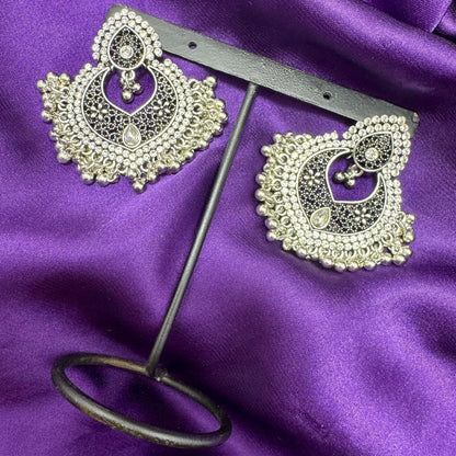 Dual-Tone Silver Chandbali Earrings - Statement Dangle with Black Enamel & White Diamante Stones - Oxidized/Antique Finish,