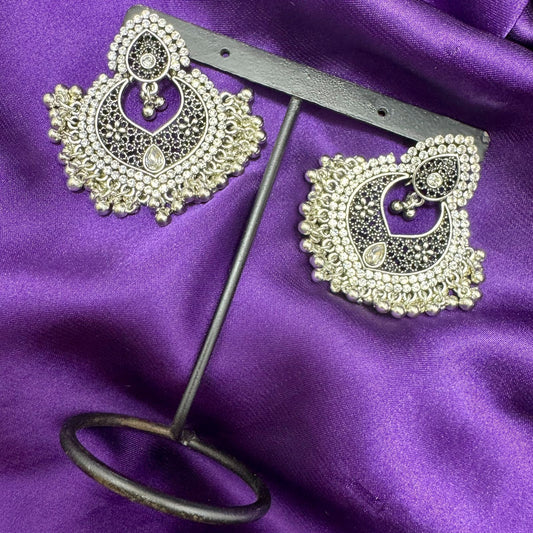 Dual-Tone Silver Chandbali Earrings - Statement Dangle with Black Enamel & White Diamante Stones - Oxidized/Antique Finish,