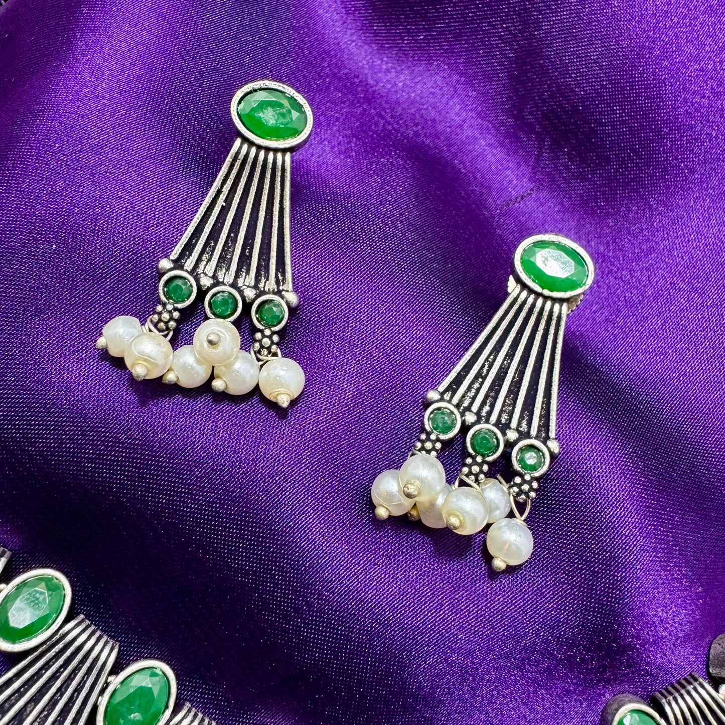 Oxidized Silver Plated Choker Necklace & Earring Set | Emerald Green Stone & Pearl Beaded Finish | Adjustable Traditional antique Jewelry | Indian Style