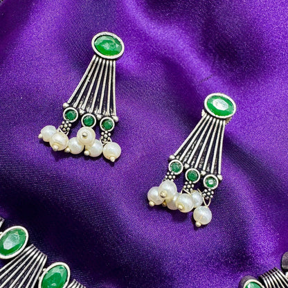 Oxidized Silver Plated Choker Necklace & Earring Set | Emerald Green Stone & Pearl Beaded Finish | Adjustable Traditional antique Jewelry | Indian Style
