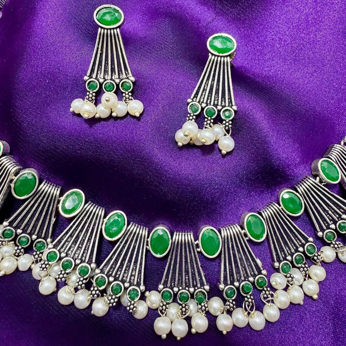 Oxidized Silver Plated Choker Necklace & Earring Set | Emerald Green Stone & Pearl Beaded Finish | Adjustable Traditional antique Jewelry | Indian Style
