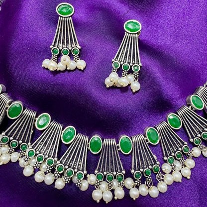 Oxidized Silver Plated Choker Necklace & Earring Set | Emerald Green Stone & Pearl Beaded Finish | Adjustable Traditional antique Jewelry | Indian Style