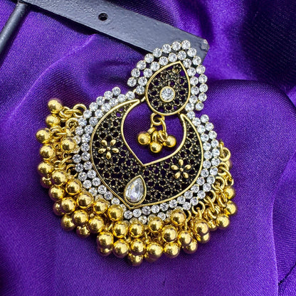Oxidized Metal & Kundan Jhumka Earrings | Black & Gold Statement Chandbali Style | Filigree, Bead & Diamond-Cut Stone Finish | Traditional Indian Jewelry