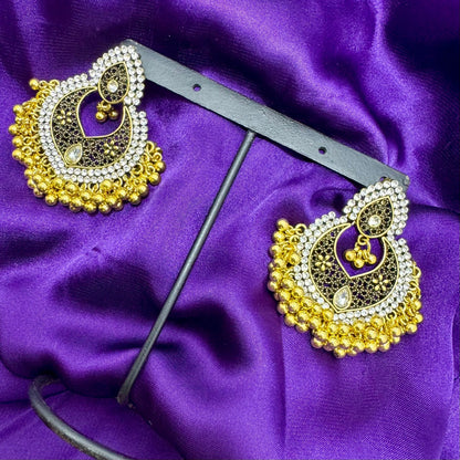 Oxidized Metal & Kundan Jhumka Earrings | Black & Gold Statement Chandbali Style | Filigree, Bead & Diamond-Cut Stone Finish | Traditional Indian Jewelry