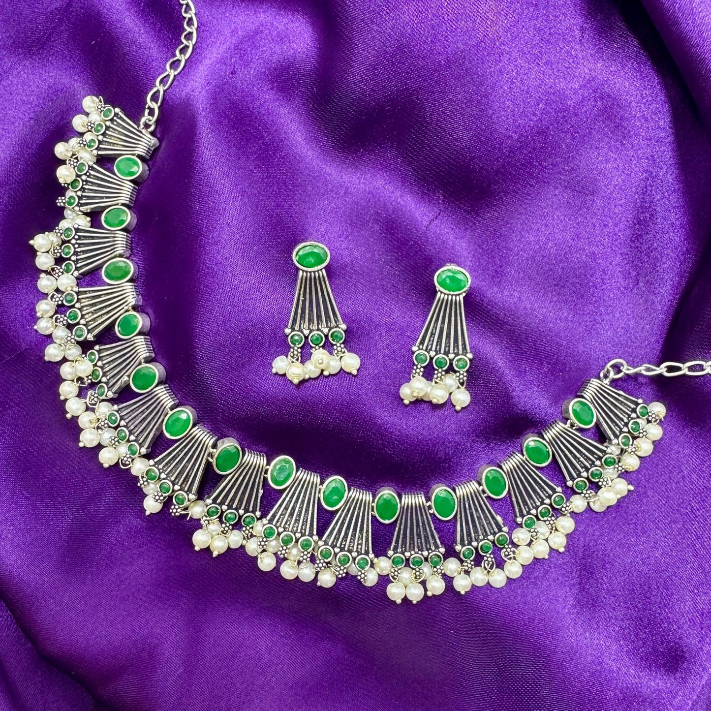 Oxidized Silver Plated Choker Necklace & Earring Set | Emerald Green Stone & Pearl Beaded Finish | Adjustable Traditional antique Jewelry | Indian Style