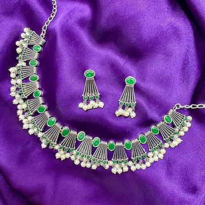 Oxidized Silver Plated Choker Necklace & Earring Set | Emerald Green Stone & Pearl Beaded Finish | Adjustable Traditional antique Jewelry | Indian Style