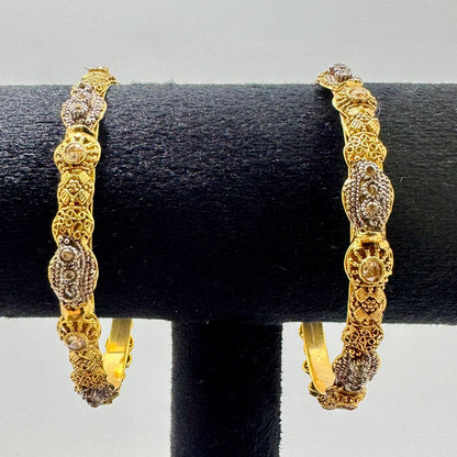 Antique Silver Plated Ornate Filigree Design  Kada Bangle Set with CZ Stones Set of 2 (1 pair) (size 2.8)
