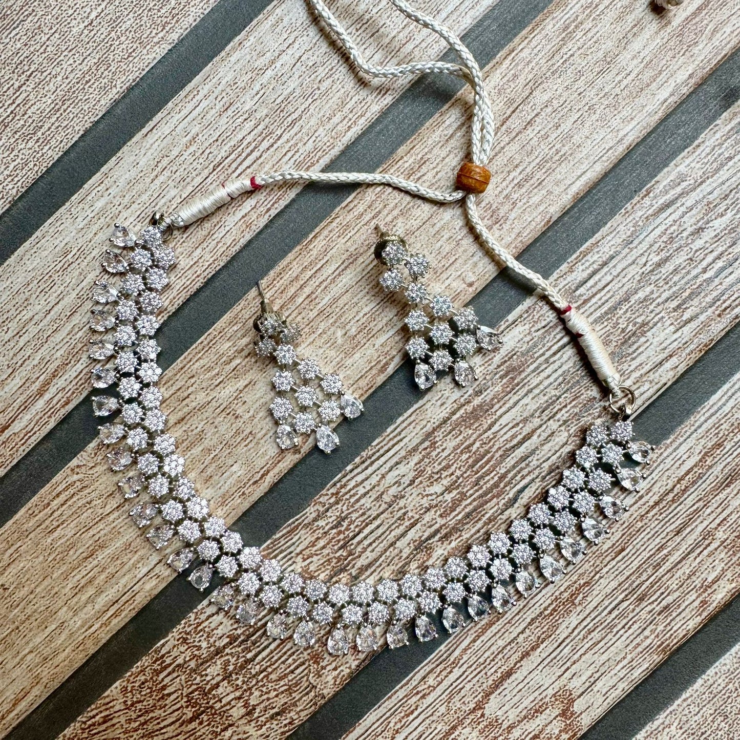 Rhodium Plated (925 Silver) Teardrop CZ Choker Necklace Set | Brilliant American Diamond Finish | Adjustable Party Wear Style | Pear Cut Crystal Jewelry