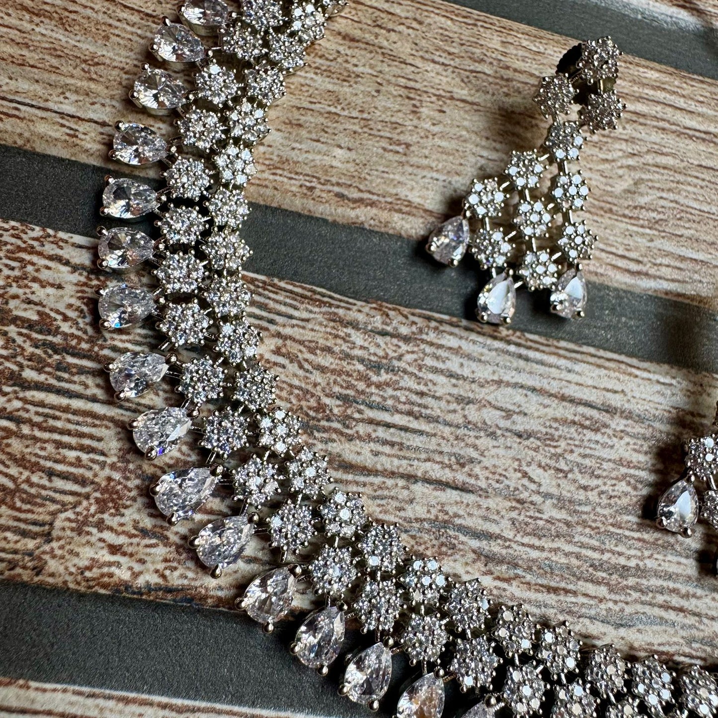 Rhodium Plated (925 Silver) Teardrop CZ Choker Necklace Set | Brilliant American Diamond Finish | Adjustable Party Wear Style | Pear Cut Crystal Jewelry