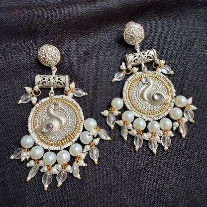 Dual-Tone Oxidized Silver & Gold Plated Danglers | Swan Motif & Pearl Drop Earrings | Filigree Traditional Indian Style | Large Statement Size
