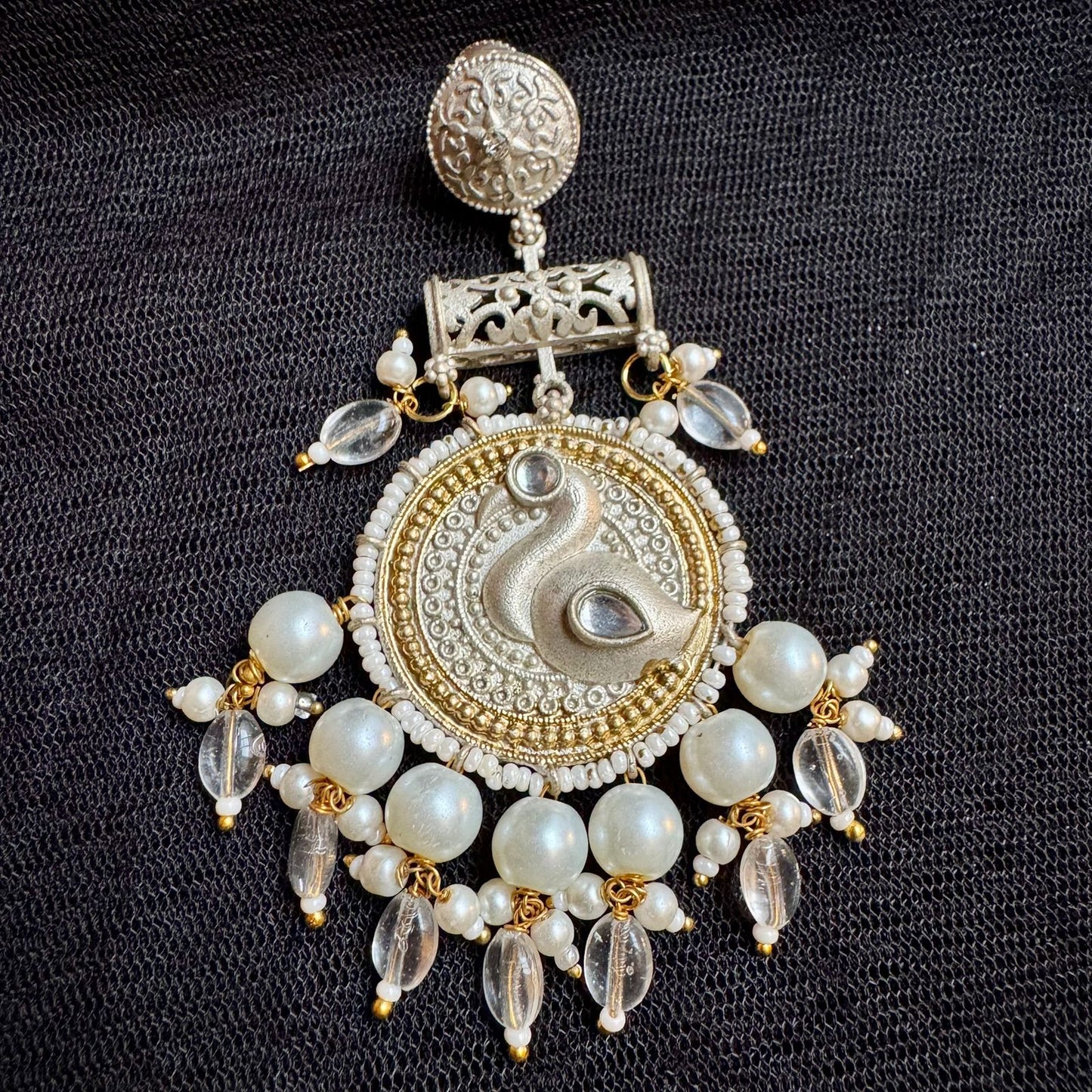 Dual-Tone Oxidized Silver & Gold Plated Danglers | Swan Motif & Pearl Drop Earrings | Filigree Traditional Indian Style | Large Statement Size