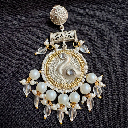 Dual-Tone Oxidized Silver & Gold Plated Danglers | Swan Motif & Pearl Drop Earrings | Filigree Traditional Indian Style | Large Statement Size