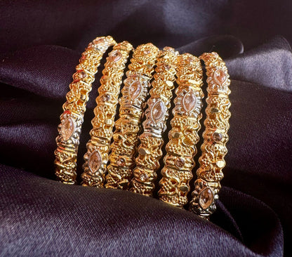 Intricate Gold-Plated Filigree Bangle Set of 6 with  Two  Kundan Kadas