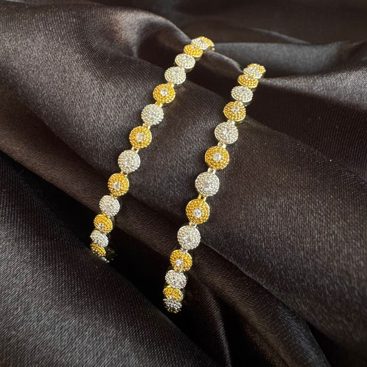 Premium Two-Tone Gold & Silver Plated Cubic Zirconia Tennis Style Slim Bangle Bracelets - 1 set (4 bangles) (Size 2.8)