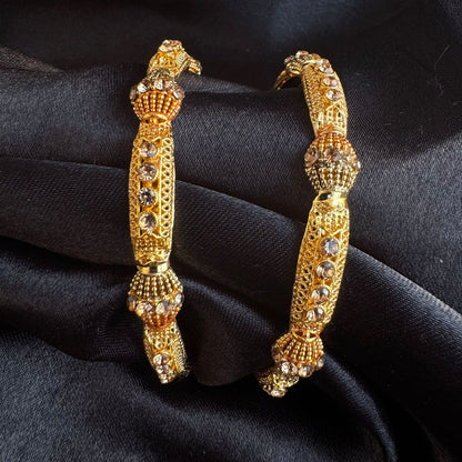 Traditional Gold-Plated Rigid Kada Set with Champagne CZ Stones - Set of 2 (1 pair) (size 2.8)