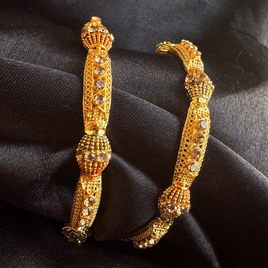 Traditional Gold-Plated Rigid Kada Set with Champagne CZ Stones - Set of 2 (1 pair) (size 2.8)