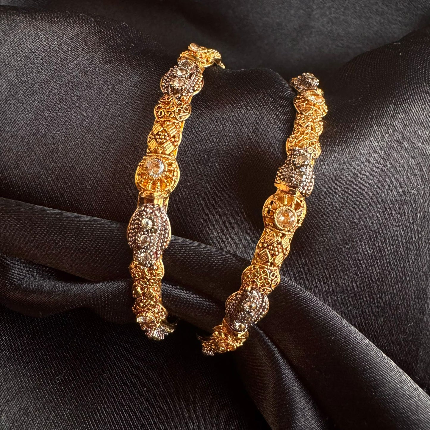 Antique Silver Plated Ornate Filigree Design  Kada Bangle Set with CZ Stones Set of 2 (1 pair) (size 2.8)
