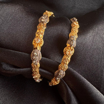 Antique Silver Plated Ornate Filigree Design  Kada Bangle Set with CZ Stones Set of 2 (1 pair) (size 2.8)
