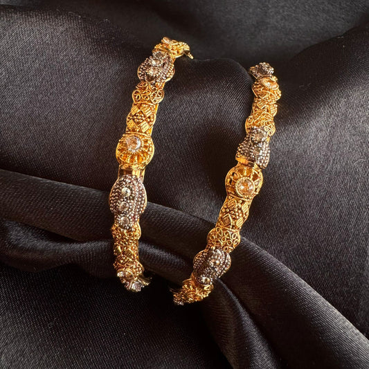 Antique Silver Plated Ornate Filigree Design  Kada Bangle Set with CZ Stones Set of 2 (1 pair) (size 2.8)