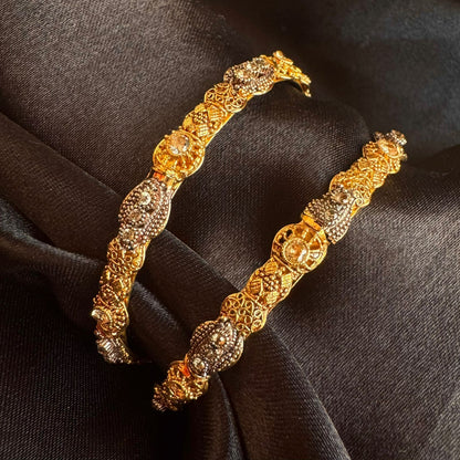 Antique Silver Plated Ornate Filigree Design  Kada Bangle Set with CZ Stones Set of 2 (1 pair) (size 2.8)