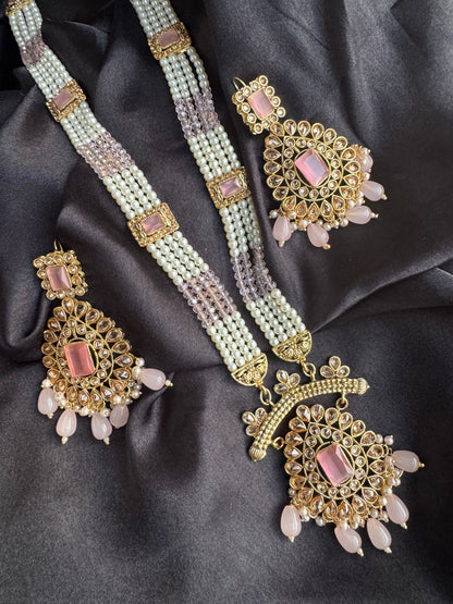 Regal Gold-Plated Kundan & Pink Bead Long Necklace Set | Traditional Royal Pendant & Earrings
