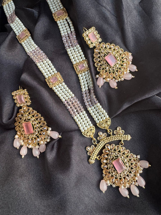 Regal Gold-Plated Kundan & Pink Bead Long Necklace Set | Traditional Royal Pendant & Earrings