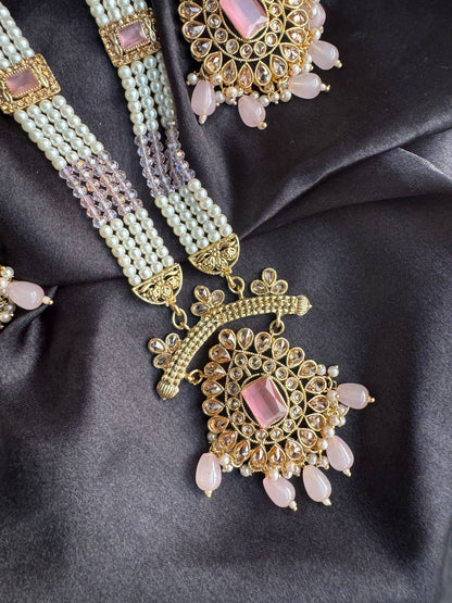 Regal Gold-Plated Kundan & Pink Bead Long Necklace Set | Traditional Royal Pendant & Earrings