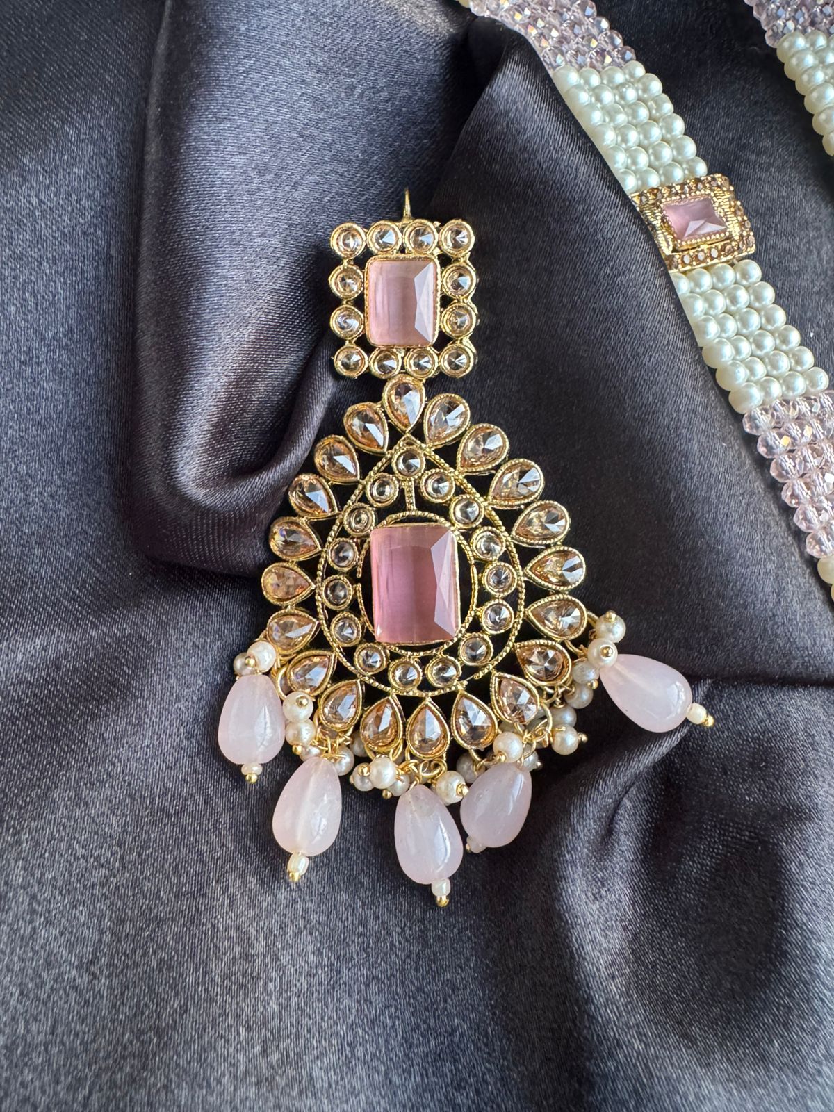 Regal Gold-Plated Kundan & Pink Bead Long Necklace Set | Traditional Royal Pendant & Earrings