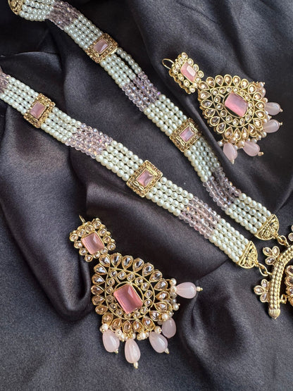 Regal Gold-Plated Kundan & Pink Bead Long Necklace Set | Traditional Royal Pendant & Earrings