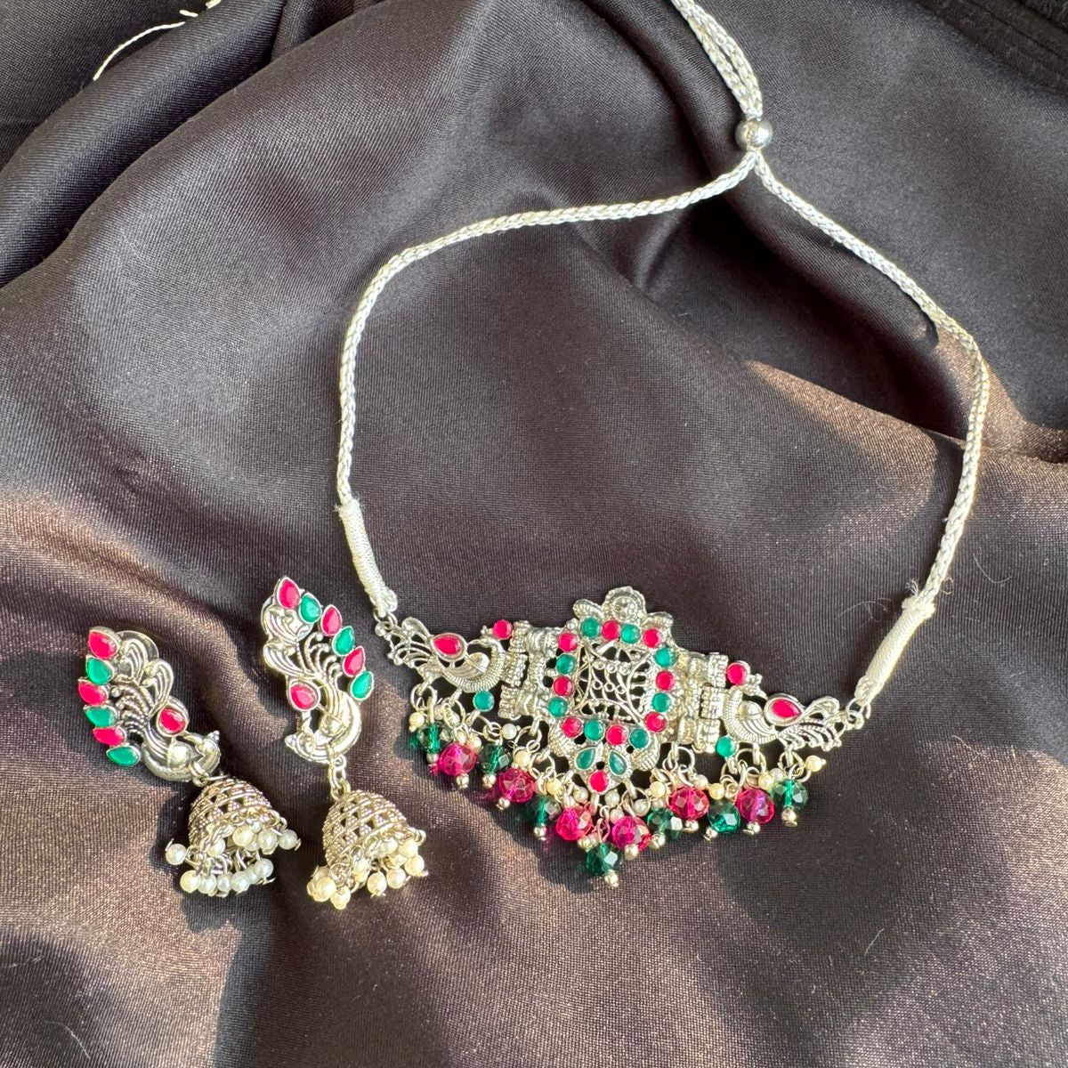 Multi-Color Stone Oxidized Silver Plated Choker Necklace Set