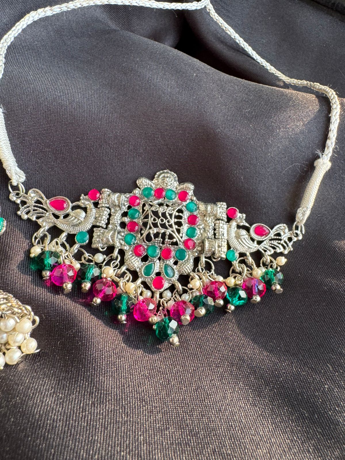 Multi-Color Stone Oxidized Silver Plated Choker Necklace Set