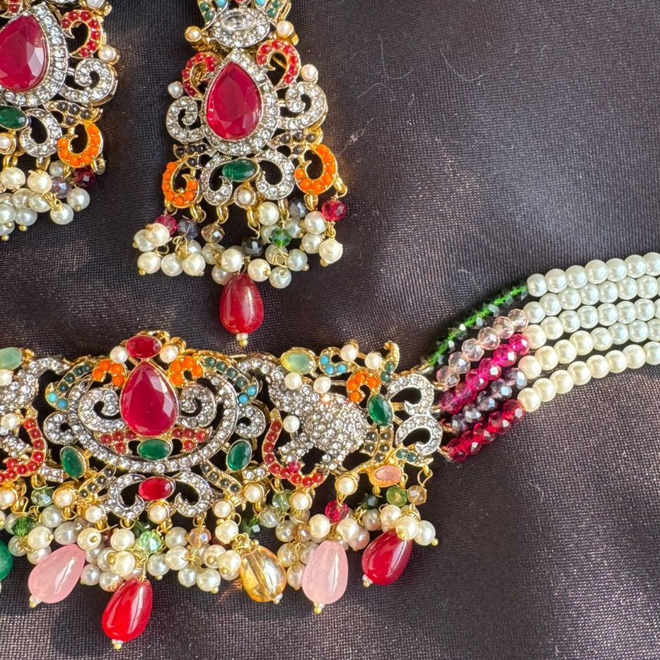 Exquisite Multi-Color Kundan & Pearl Choker Set with Maang Tikka